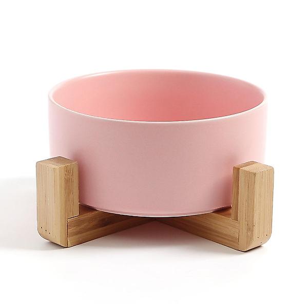  반려동물 우드받침 도자기식기(16cm) (핑크)
