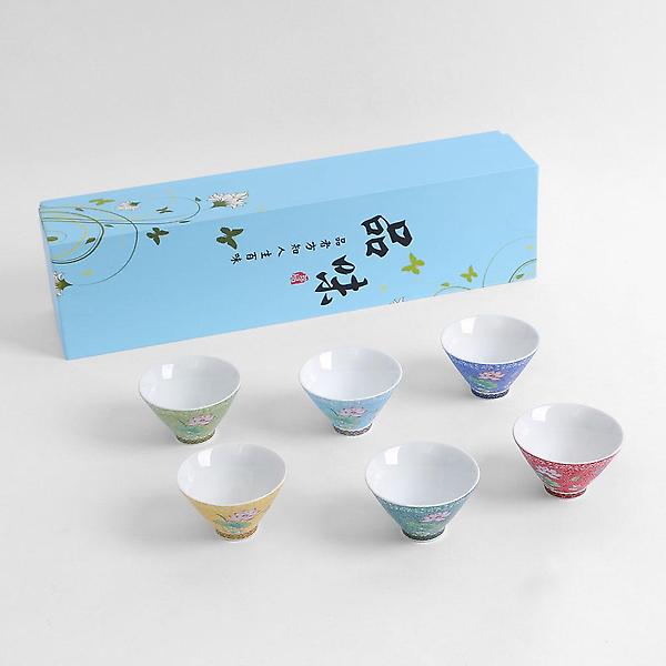  레트로 플라워 다기 찻잔 6p세트(70ml) (연꽃) 사케잔