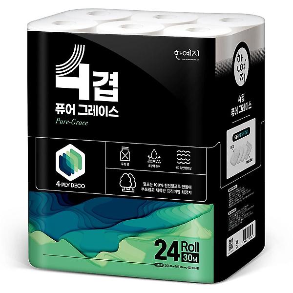  한예지 퓨어그레이스 4겹 천연펄프 화장지 30m 24롤 1팩