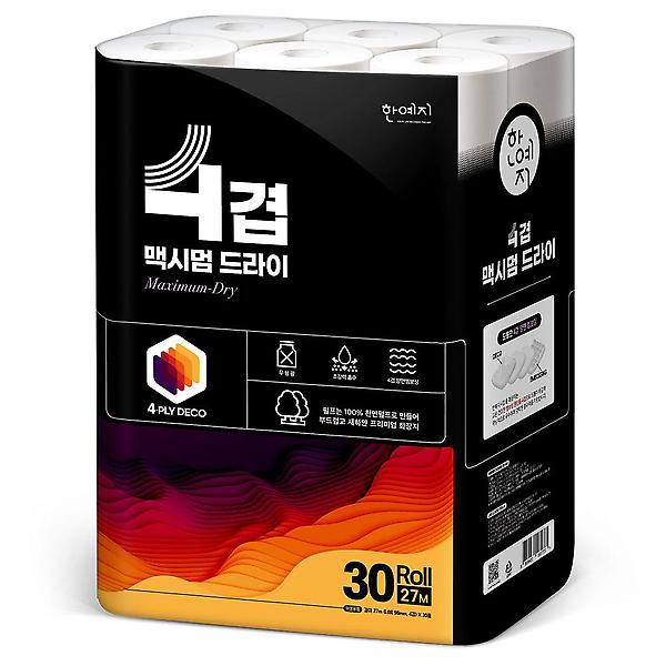  한예지 맥시멈드라이 4겹 천연펄프 화장지 27m 30롤 1팩