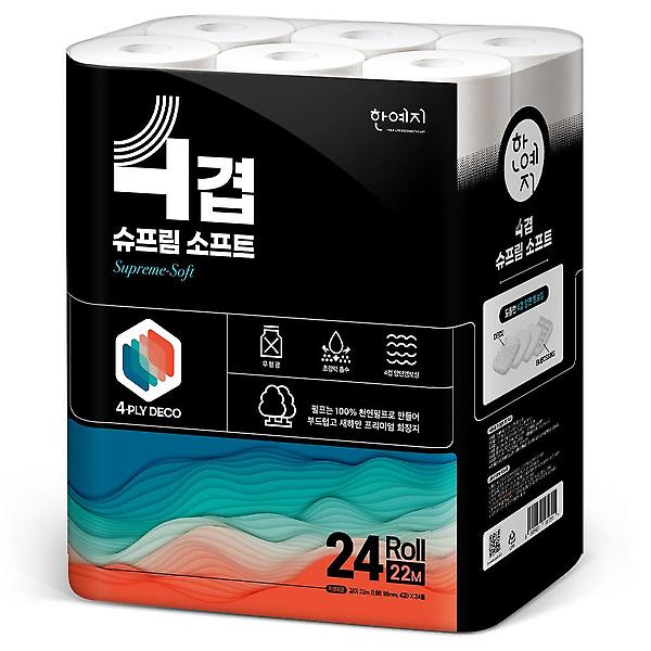  한예지 슈프림소프트 4겹 천연펄프 화장지 22m 24롤 1팩