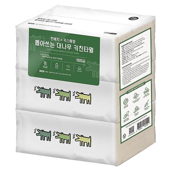  한예지 키스해링 뽑아쓰는 대나무 키친타올 100매 3입 1팩