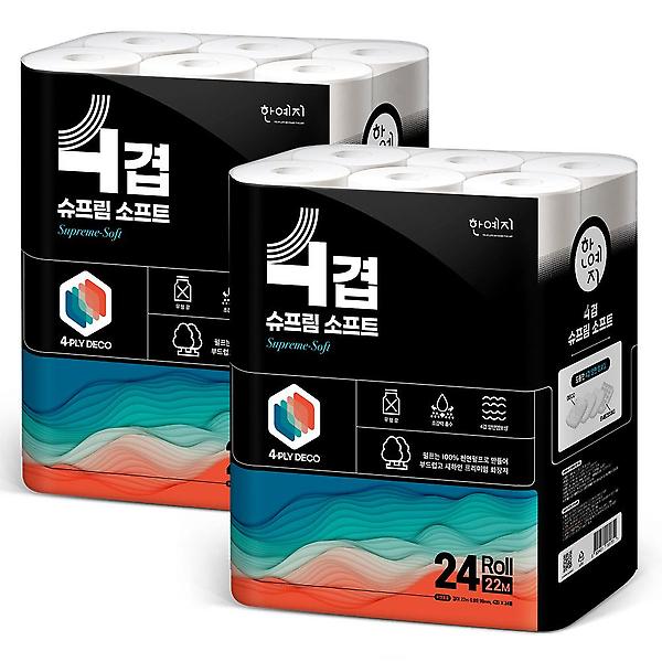  한예지 슈프림소프트 4겹 천연펄프 화장지 22m 24롤 2팩