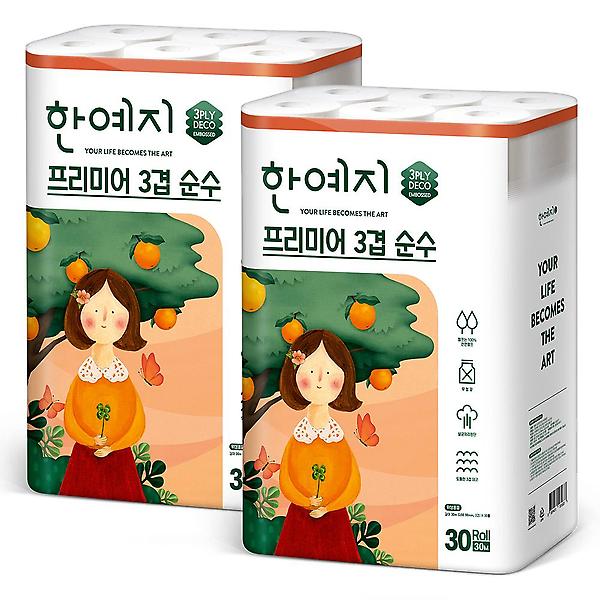  한예지 프리미어 순수 3겹 천연펄프 100% 화장지 30m 30롤 2팩