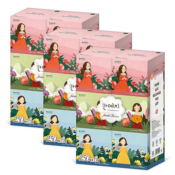  한예지 캐릭터 MINI 천연펄프 미용티슈 250매 6입 3팩