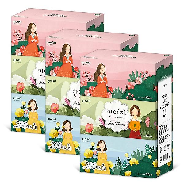 [한예지/HYJ0001] 캐릭터 천연펄프 미용티슈 200매 3입 3팩