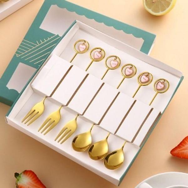 댕글 하트 티스푼 티포크 세트 6P 스텐 과일포크 골드