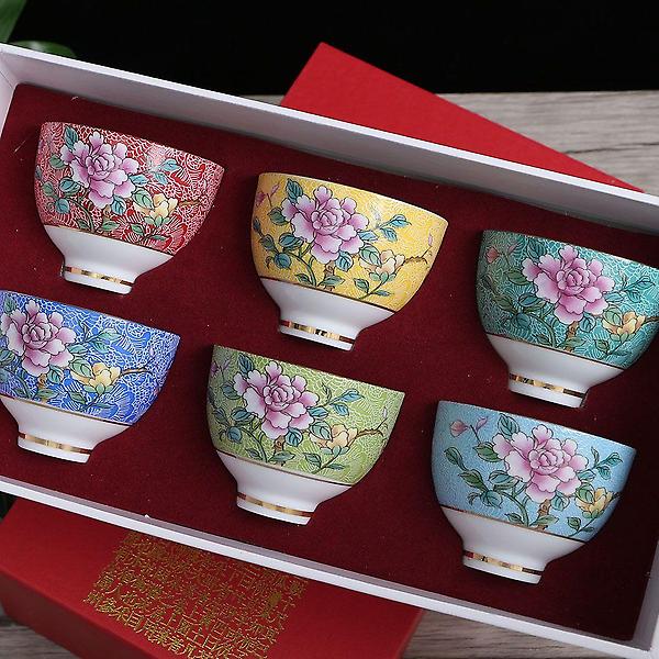  레트로 플라워 다기 찻잔 6p세트(80ml) (작약) 사케잔
