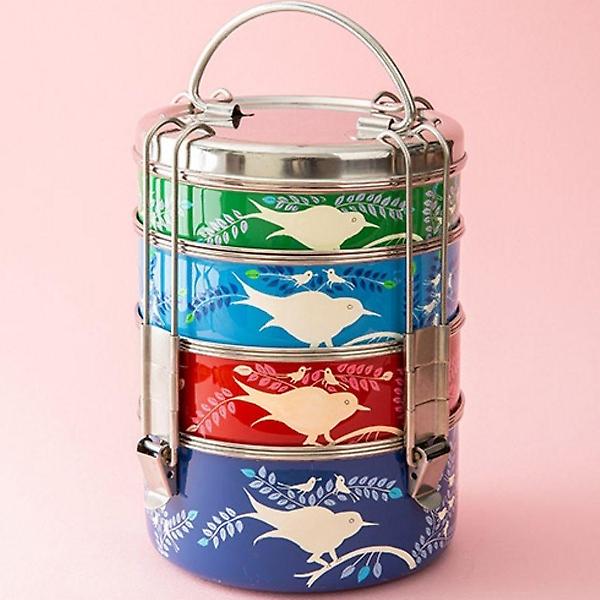  애나멜 새문양 일자 4단찬합 도시락통