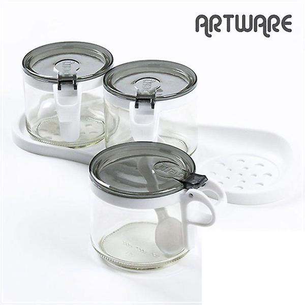  원터치 유리 양념통 400ml 3P/거치대/스푼세트 양념병