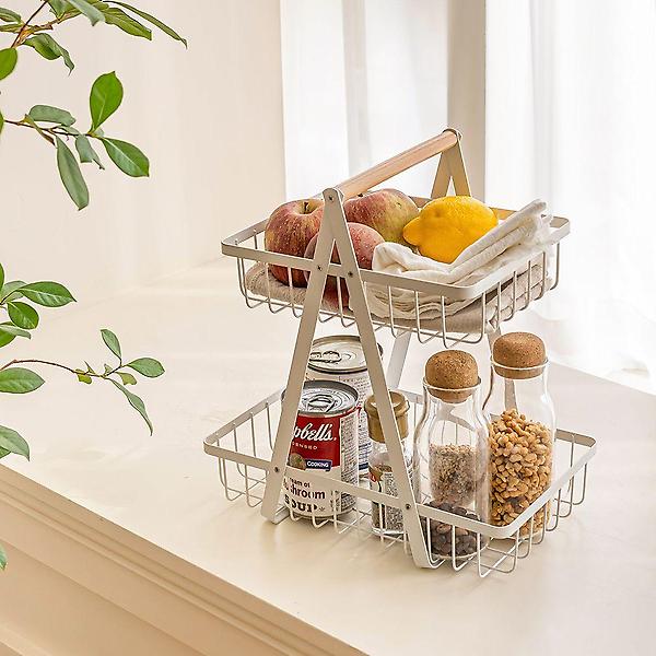  2단 과일 디저트 바스켓 트레이 철제 우드핸들 바구니