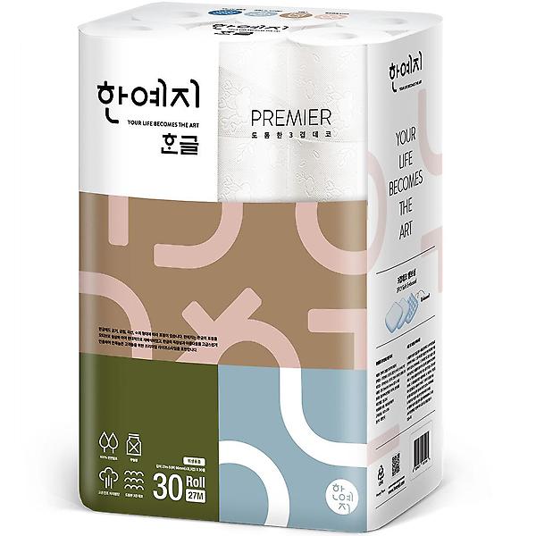  한예지 한글 프리미어 천연펄프 100% 화장지 27m 30롤 1팩