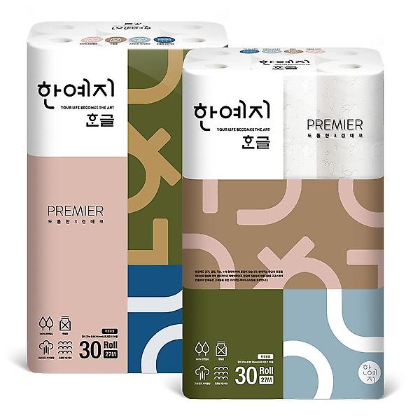  한예지 한글 프리미어 천연펄프 100% 화장지 27m 30롤 1팩