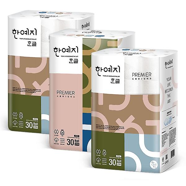  한예지 한글 프리미어 천연펄프 100% 화장지 27m 30롤 1팩