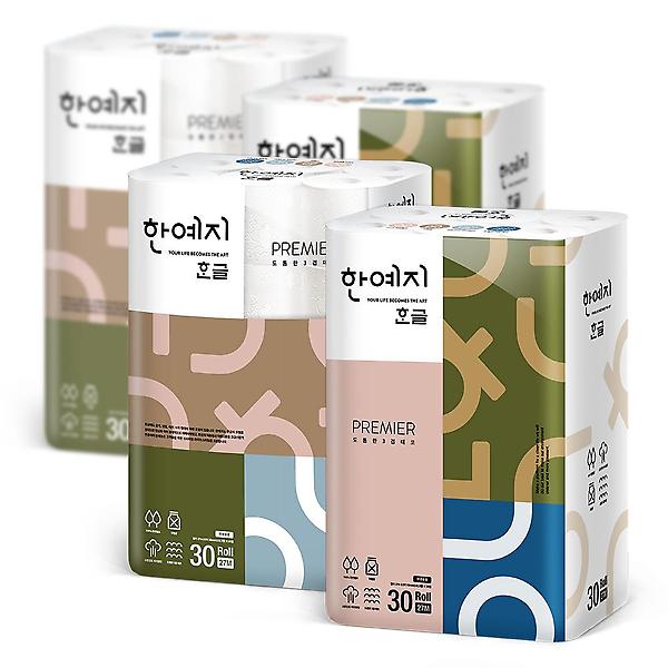  한예지 한글 프리미어 천연펄프 100% 화장지 27m 30롤 1팩