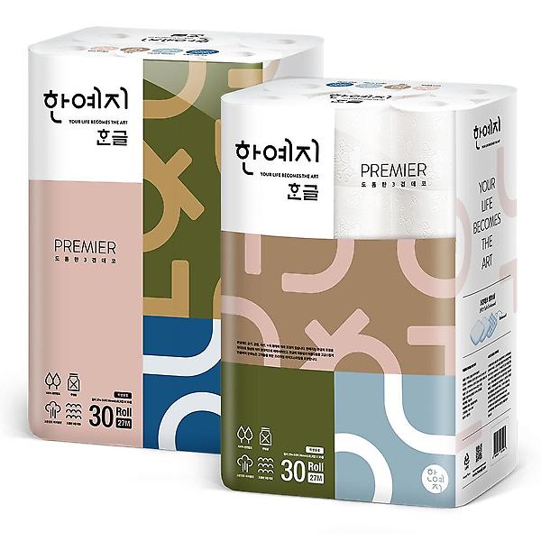  한예지 한글 프리미어 천연펄프 100% 화장지 27m 30롤 2팩
