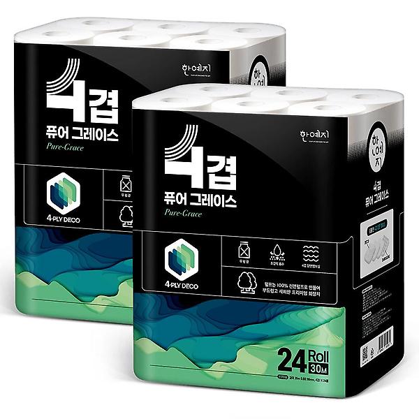  한예지 퓨어그레이스 4겹 천연펄프 화장지 30m 24롤 2팩