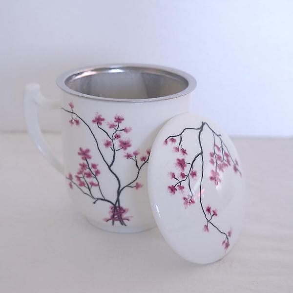  [박스훼손] 고원 매화 도자기 필터 머그컵 400ml 커피잔 뚜껑포함