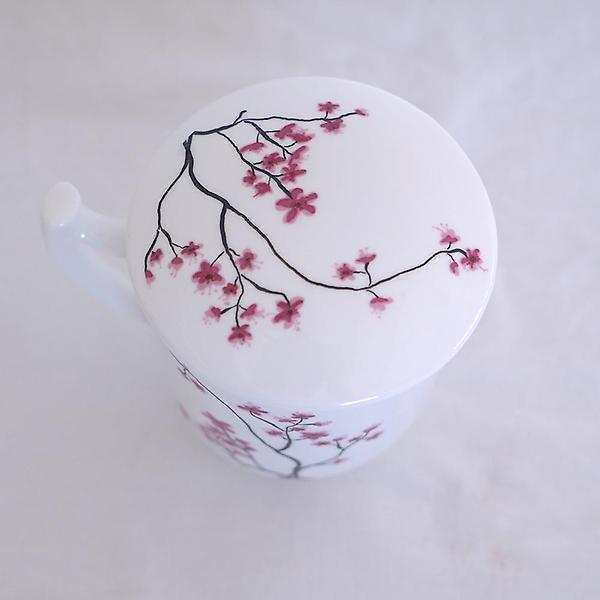  [박스훼손] 고원 매화 도자기 필터 머그컵 400ml 커피잔 뚜껑포함