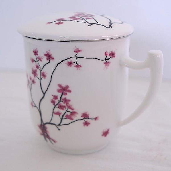  [박스훼손] 고원 매화 도자기 필터 머그컵 400ml 커피잔 뚜껑포함