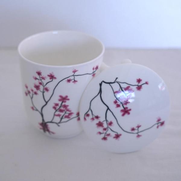  [박스훼손] 고원 매화 도자기 필터 머그컵 400ml 커피잔 뚜껑포함