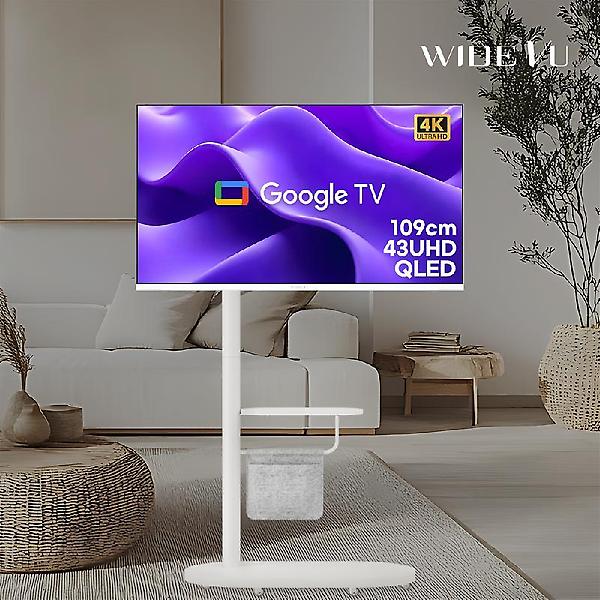  와이드무빙뷰 화이트에디션 109cm(43인치) 구글 UHD QLED 스마트TV 타원형 이동식스탠드 삼탠바이미