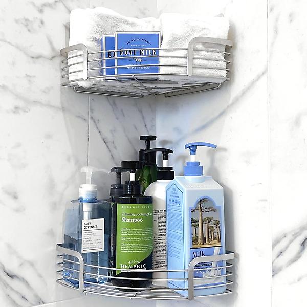  올지 무타공 욕실선반 코너선반 대형 젠다이 화장실 코너 선반 스텐레스 모서리 접착식