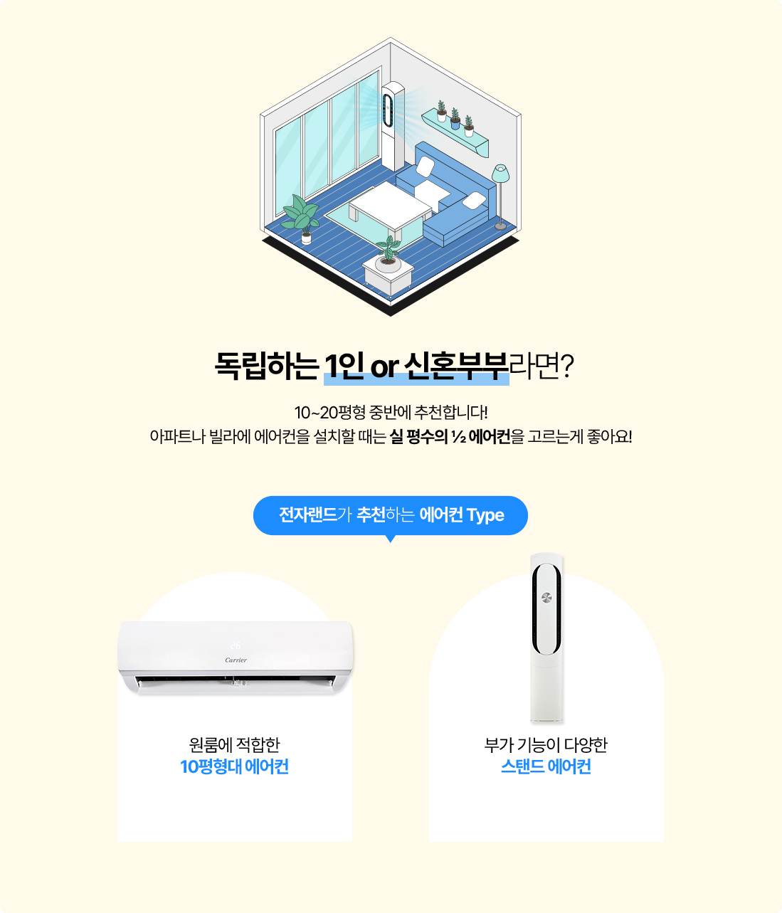 독립하는 1인 or 신혼부부라면? 10~20평형 중반에 추천합니다! 아파트나 빌라에 에어컨을 설치할 때는 실 평수의 ½ 에어컨을 고르는게 좋아요!