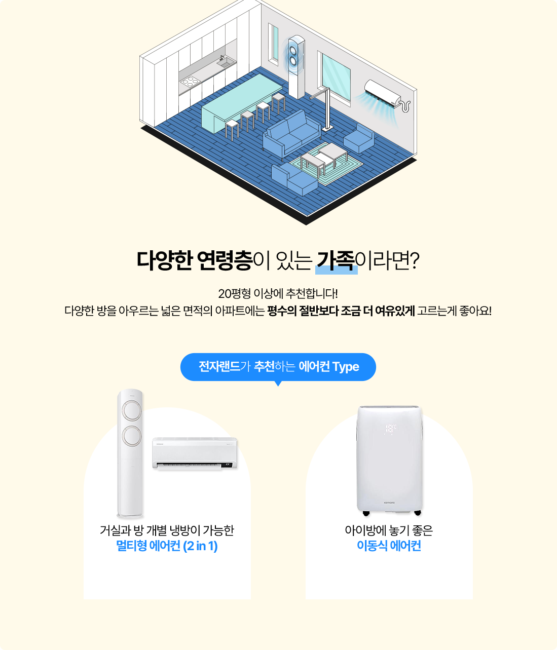 다양한 연령층이 있는 가족이라면? 20평형 이상에 추천합니다! 다양한 방을 아우르는 넓은 면적의 아파트에는 평수의 절반보다 조금 더 여유있게 고르는게 좋아요!