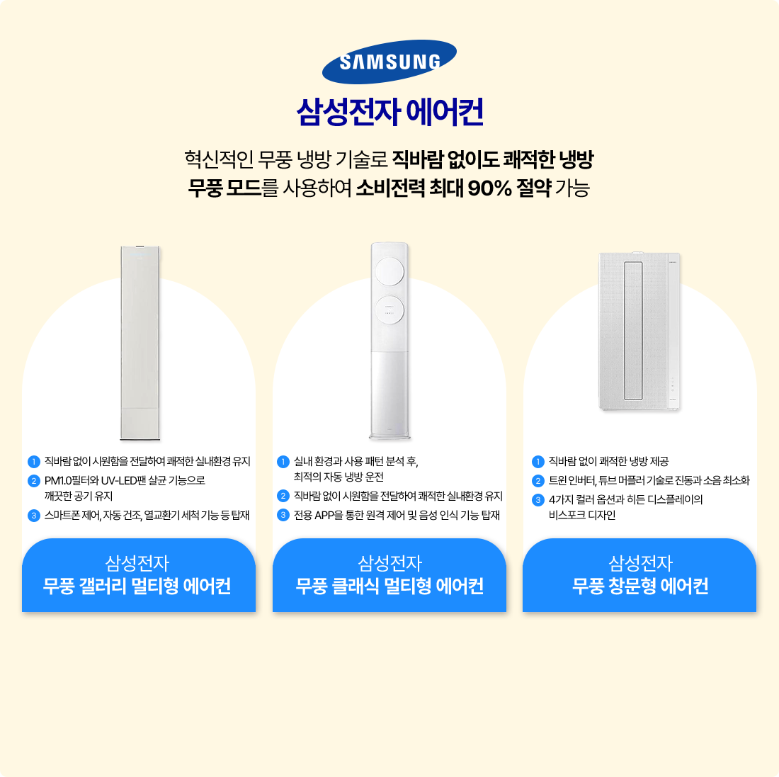 삼성전자 에어컨 혁신적인 무풍 냉방 기술로 직바람 없이도 쾌적한 냉방 무풍 모드를 사용하여 소비전력 최대 90% 절약 가능