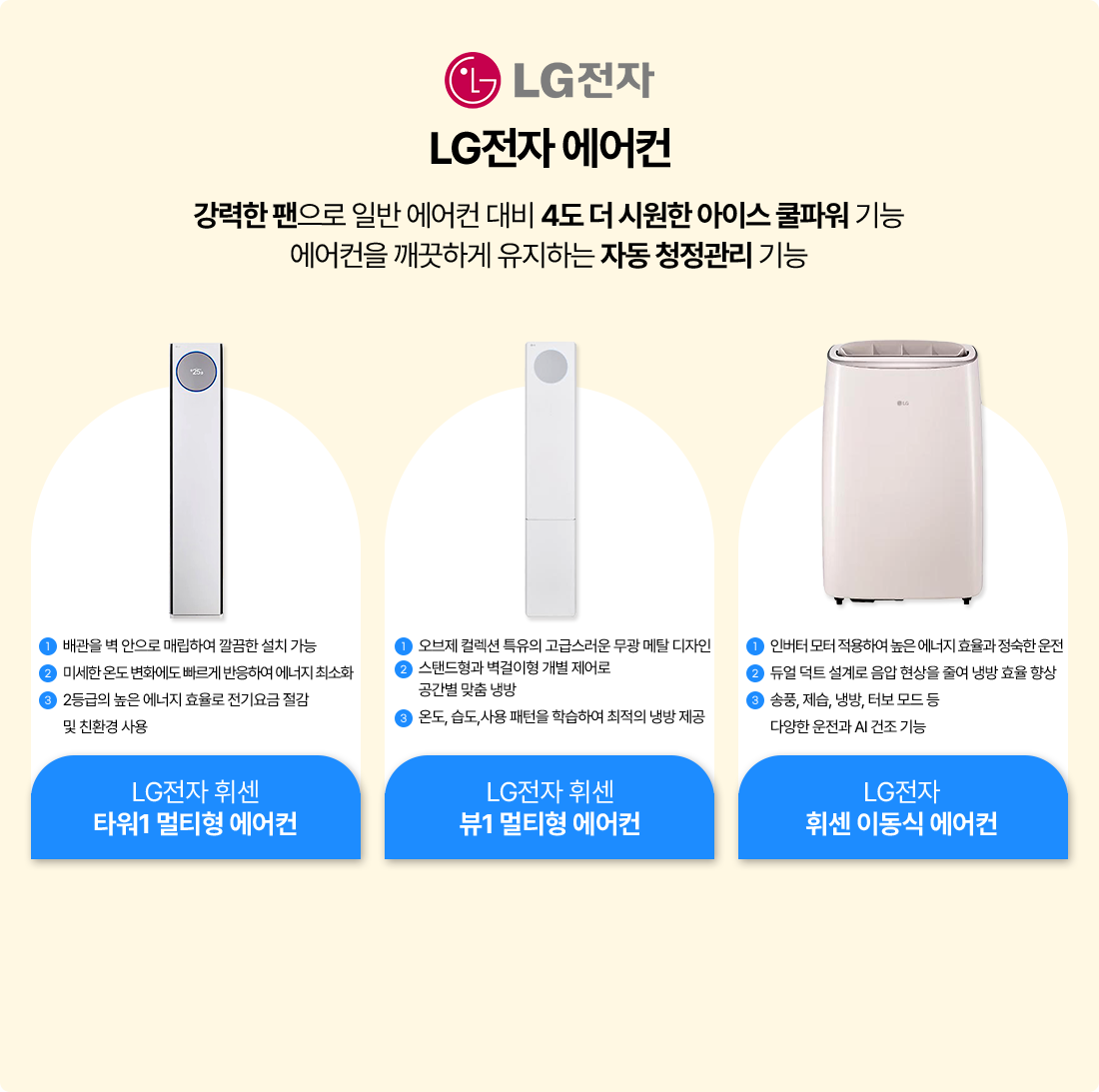 LG전자 에어컨 강력한 팬으로 일반 에어컨 대비 4도 더 시원한 아이스 쿨파워 기능 에어컨을 깨끗하게 유지하는 자동 청정관리 기능