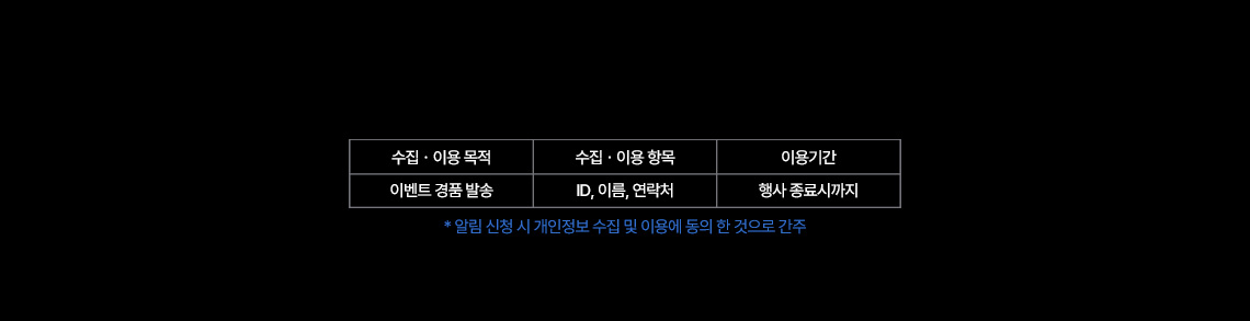 수집. 이용 목적 : 이벤트 경품 발송 / 수집.이용 항목: ID,이름,연락처 /  이용기간: 행사 종료시까지 *알림 신청 시 개인정보 수집 및 이용에 동의 한 것으로 간주