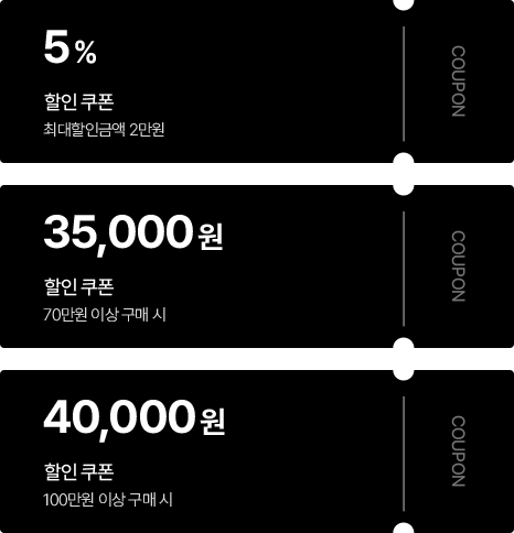 5% 할인쿠폰 최대할인금액 2만원, 35,000원 할인쿠폰 70만원 이상 구매시, 40,000원 할인쿠폰 100만원 이상 구매시, 총 3장의 쿠폰 이미지